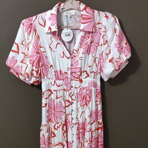 Entro Pink & White Floral Puff Sleeve Midi Dress MEDIUM NEW WITH TAGS